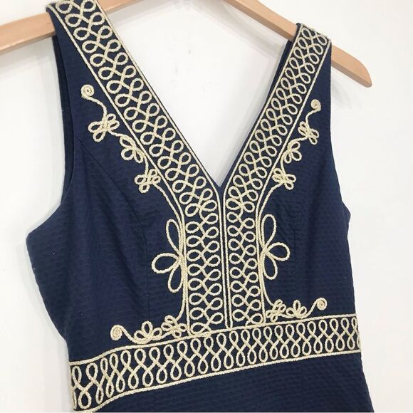 Lilly Pulitzer Aveline Navy Blue Metallic Gold Trim Sleeveless Shift Dress - Picture 5 of 14